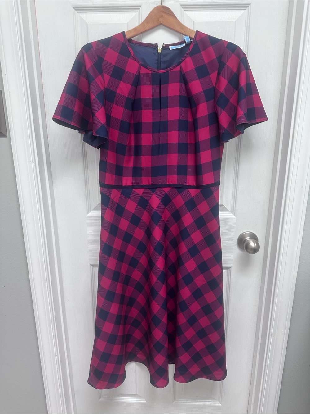 Draper James Pink and Navy Checked Fit-and-Flare Dress